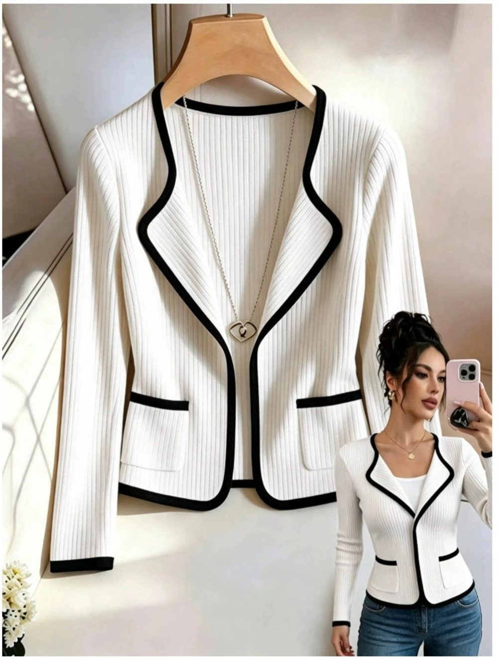ZARA Womens White Short Cardigan Contrast Collar Casual Long Sleeve Top